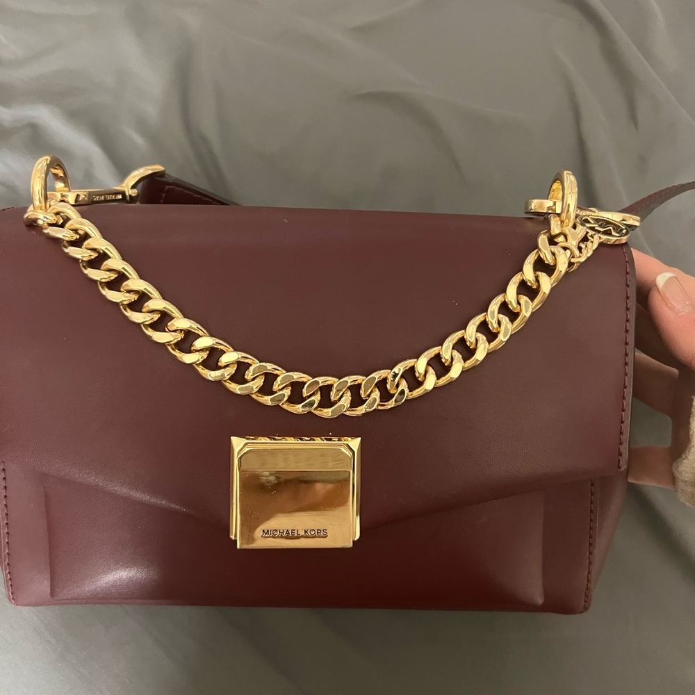 Michael Kors Lita Medium Leather Crossbody Bag- MAROON (mulberry)